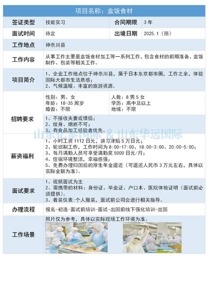 日本技能实习生签证 盒饭加工招聘工作轻松小时薪水高 月入万元+好项目